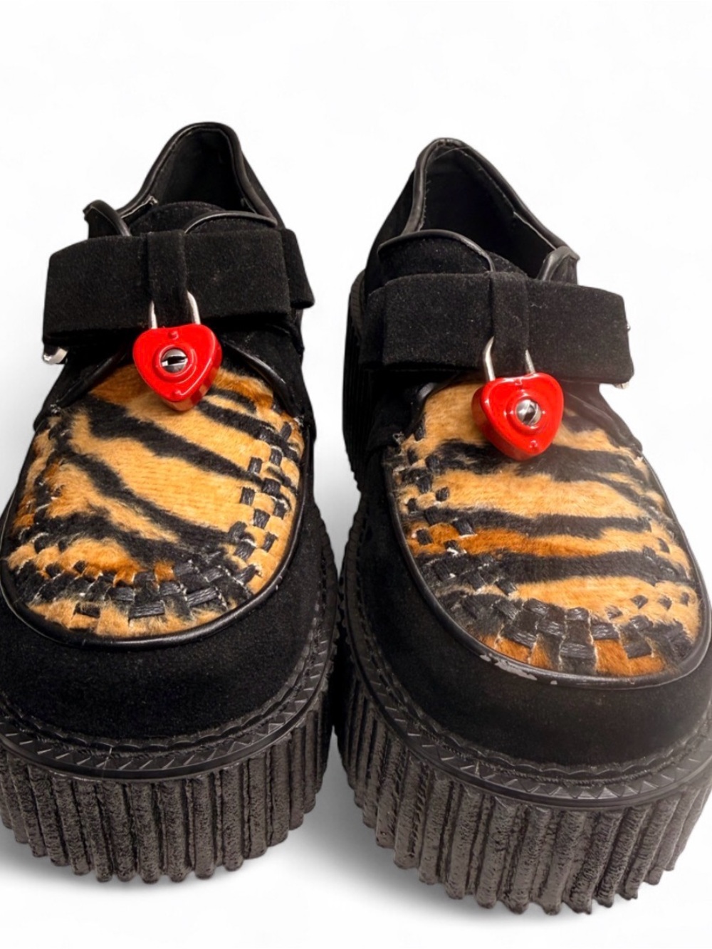 Black Platform Creeper Shoes with Tiger Print and Red Heart Accent